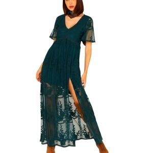 Shyanne Green Floral Embroidered Mesh Maxi Dress V-Neck Boho Western Slit Medium